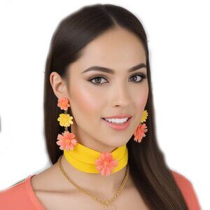 Coral And Yellow Flower Jewelry Set, Flower Choker And Matching Earrings